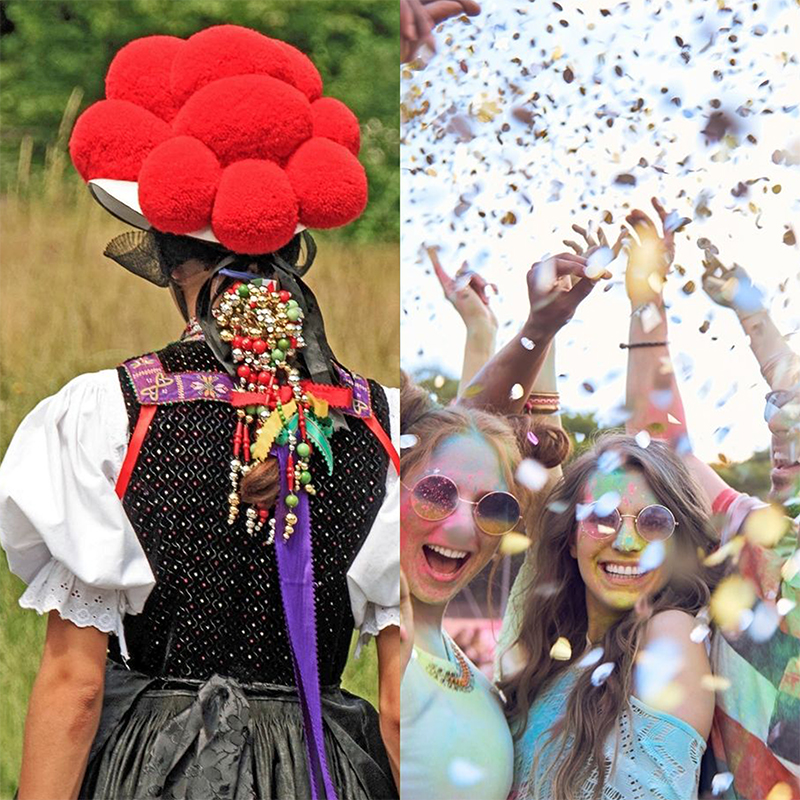 Eine zweiteilige Bildmontage, die 'Heimatklang und Klangrausch' symbolisieren soll. Links eine Dame in einer traditionellen Tracht mit Hut, auf dem sich rote Bommel befinden. Rechts zwei Frauen, die auf einer Party bunt gekleidet von Konfetti beregnet werden und Spaß haben.