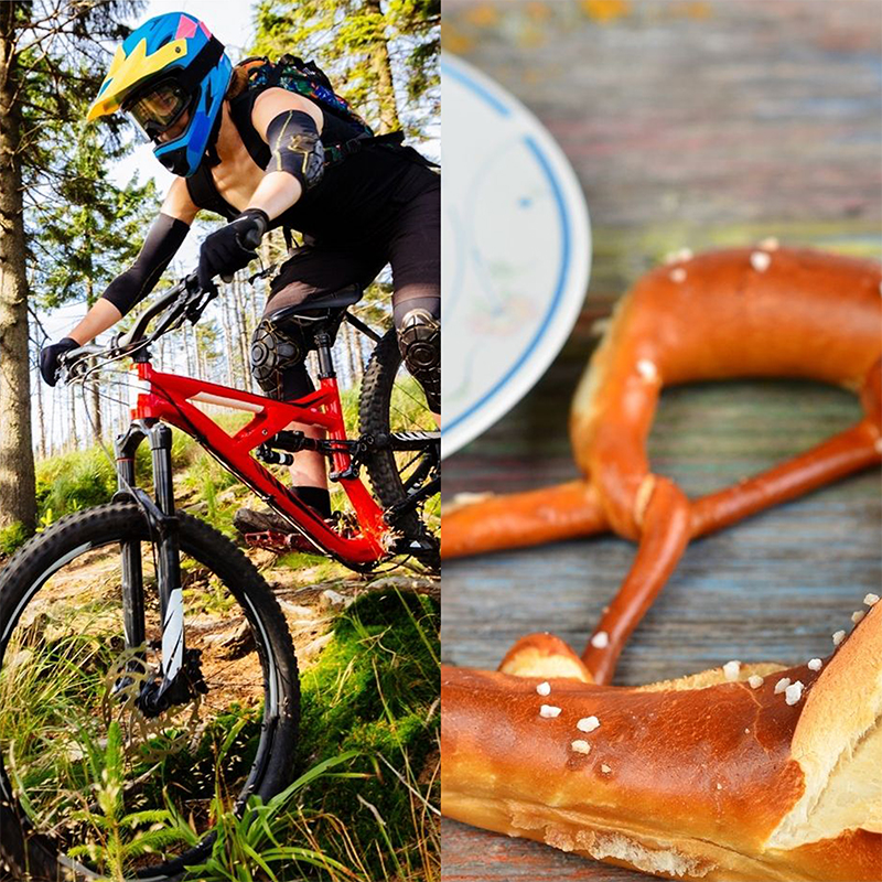 Eine zweiteilige Bildmontage, die 'Nervenkitzel und Nervennahrung' symbolisieren soll. Links ein Fahrradfahrer mit Schutzhelm auf einem Mountainbike im Wald, rechts eine Salzbrezel mit einem blau-weißen Teller auf einem Holztisch.