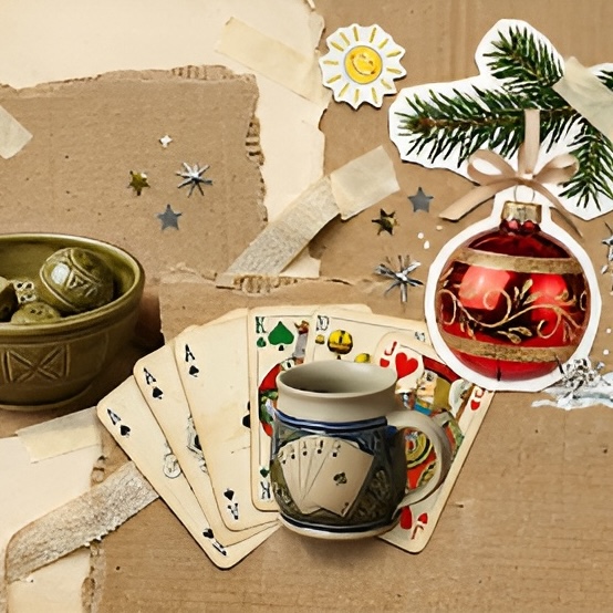 Eine Collage aus Spielkarten, einem abgedruckten Bierkrug und einer Weihnachtsbaumkugel auf Pappkarton-Stücken, die mit Klebeband fixiert wurden.