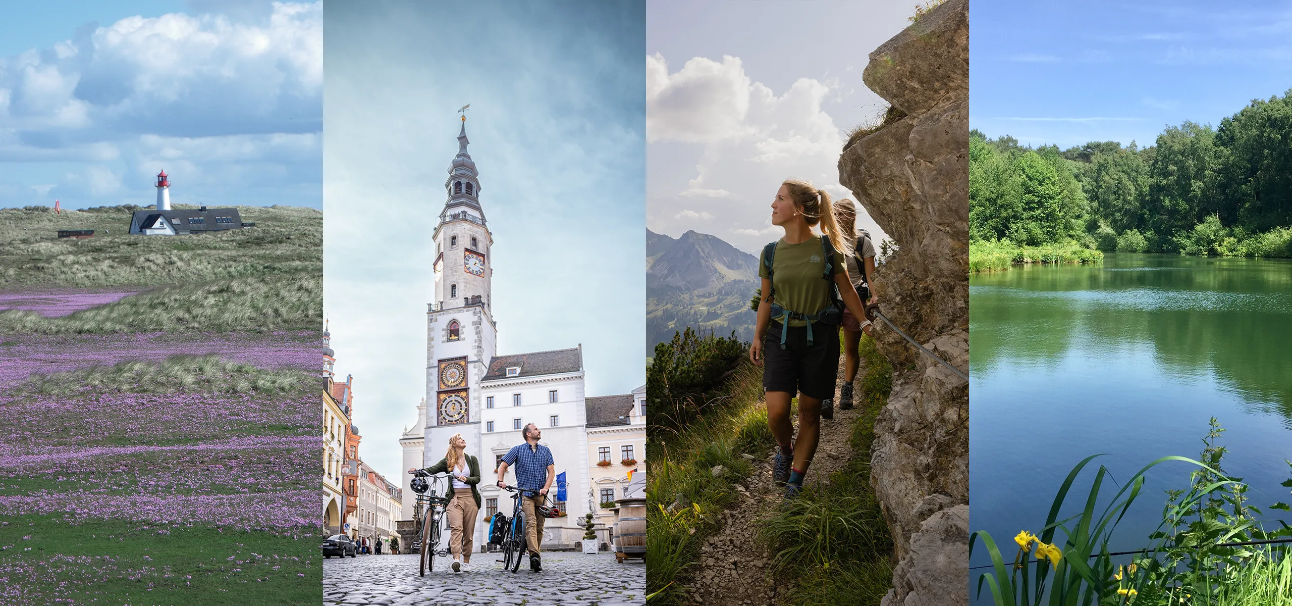 Eine Collage mit verschiedenen Szenen: Ein Leuchtturm hinter einem Reetdach-Haus, zwei Fahrradfahrende in einer historischen Altstadt, Wanderer in einem Gebirge und ein See umgeben von viel Grün.