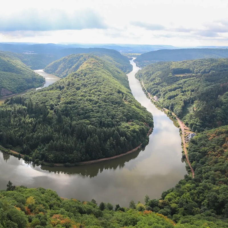 Die Saarschleife aus der Luft. Ein Fluss windet sich um einen mit vielen Bäumen bewachsenen Hügel.