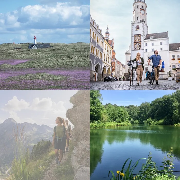 Eine Collage mit verschiedenen Szenen: Ein Leuchtturm hinter einem Reetdach-Haus, zwei Fahrradfahrende in einer historischen Altstadt, Wanderer in einem Gebirge und ein See umgeben von viel Grün.