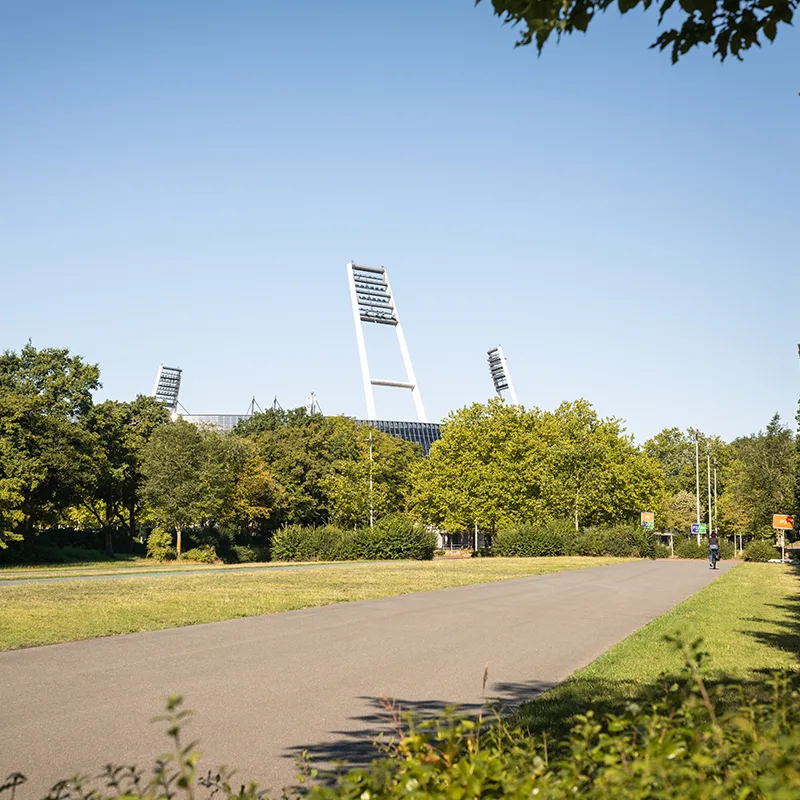 Ein Parkplatz umgeben von vielen grünen Laubbäumen, im Hintergrund ein Fußballstadion mit gläserner Front und vier Flutlichtmasten.