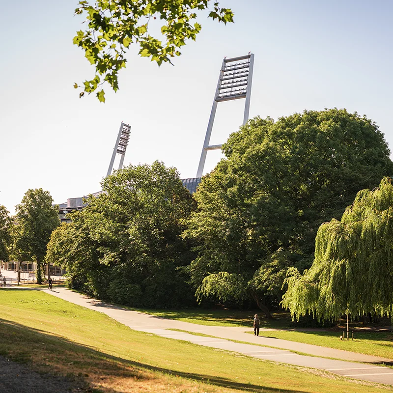 Ein Parkplatz umgeben von vielen grünen Laubbäumen, im Hintergrund ein Fußballstadion mit gläserner Front und vier Flutlichtmasten.