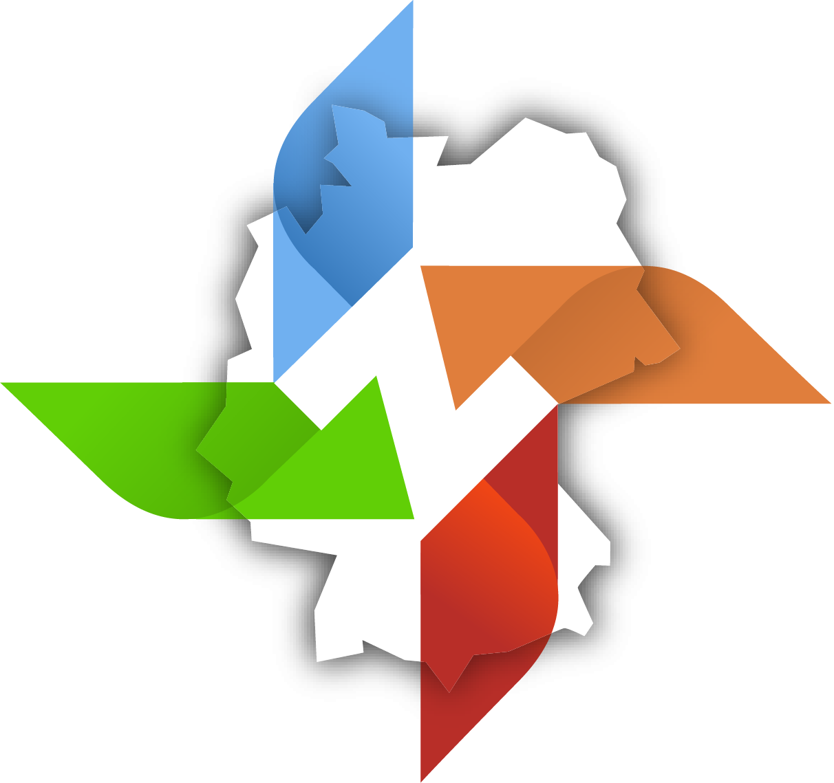 Wappen des Zipfelbundes - Mehrfarbiges, aus vier ineinandergreifenden Pfeilen bestehendes Logo in Grün, Blau, Orange und Rot. In der Mitte befindet sich eine weiße Silhouette Deutschlands.